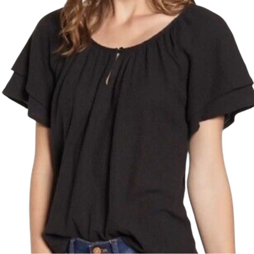 Madewell Black Keyhole Neck Layered Short-Sleeve 100% Cotton Top Women's Size 2X